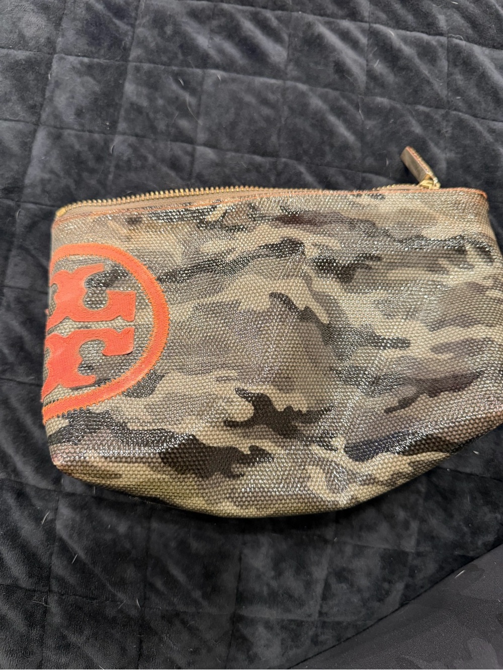 Tory Burch Camo Canvas Toiletry Pouch with Orange Logo